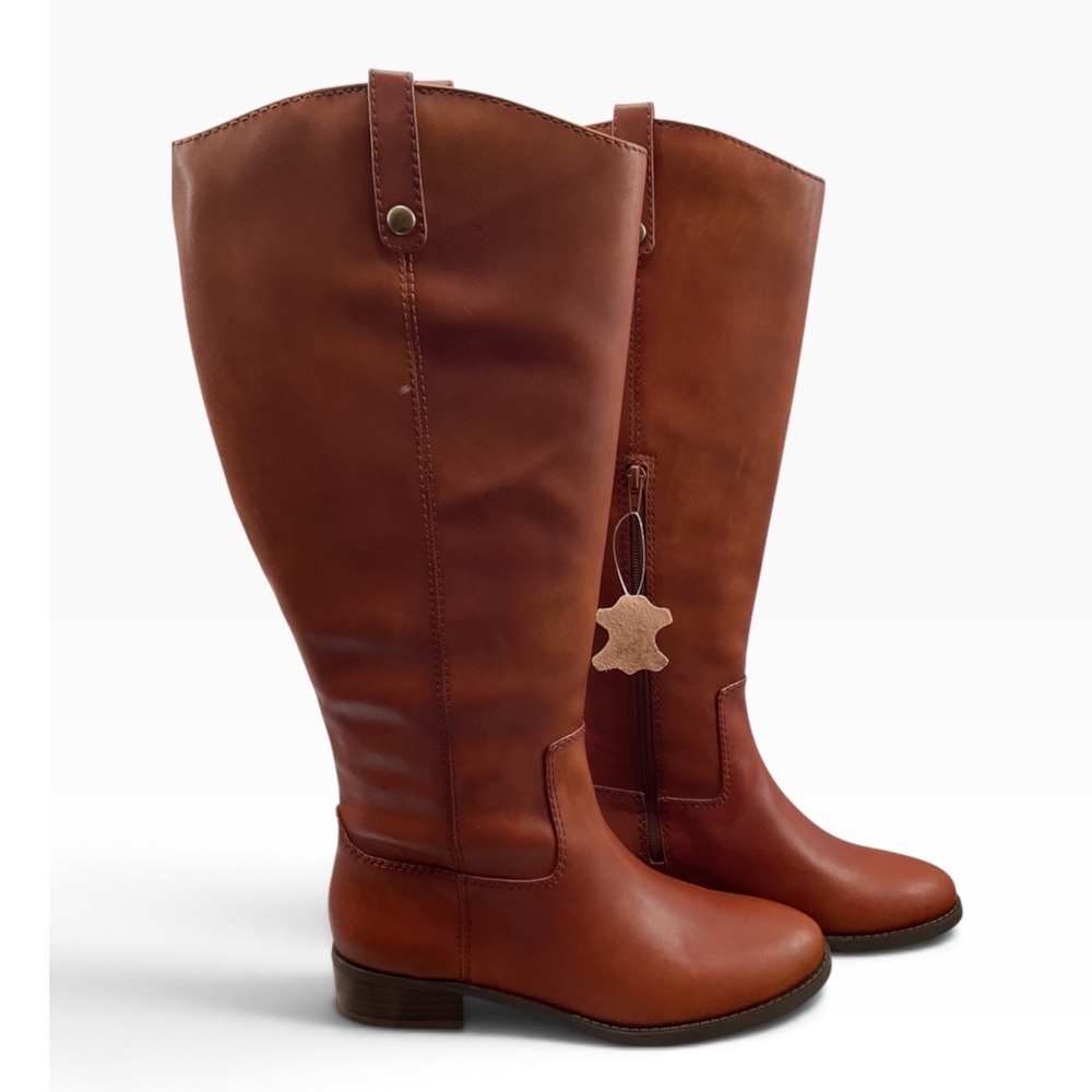 INC International Concepts Fawne Wide Calf Leather Riding Boots Cognac Brown 9M